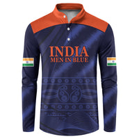 Men's navy button sweatshirt with orange yoke, India "Men in Blue" graphic