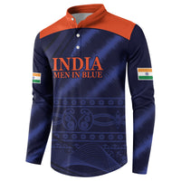 Men's navy long-sleeve button sweatshirt with orange collar, India "Men in Blue" logo