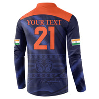 Men's navy back button sweatshirt with orange yoke, "YOUR TEXT" and 21 graphic
