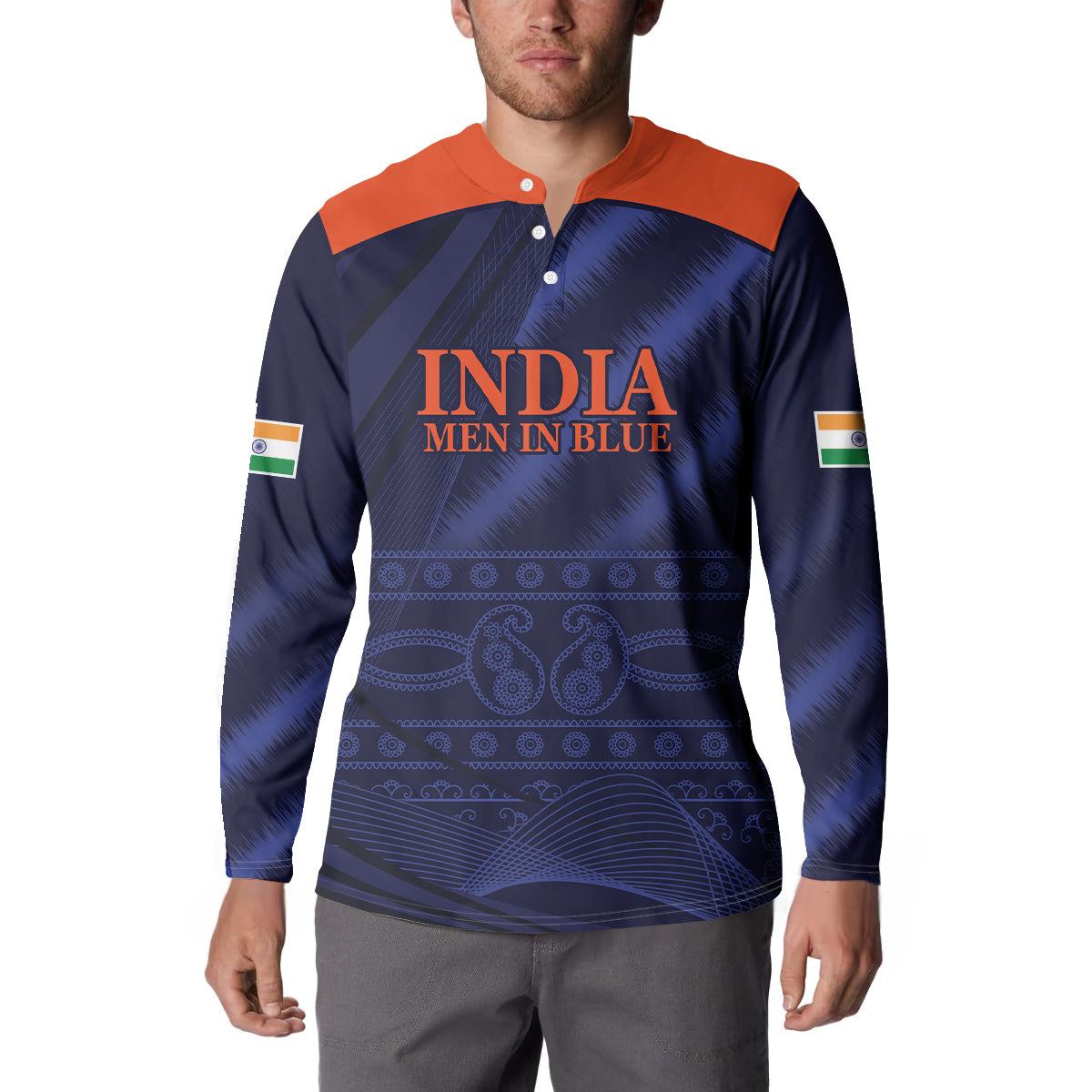 Men's navy button sweatshirt with orange collar and India "Men in Blue" graphic