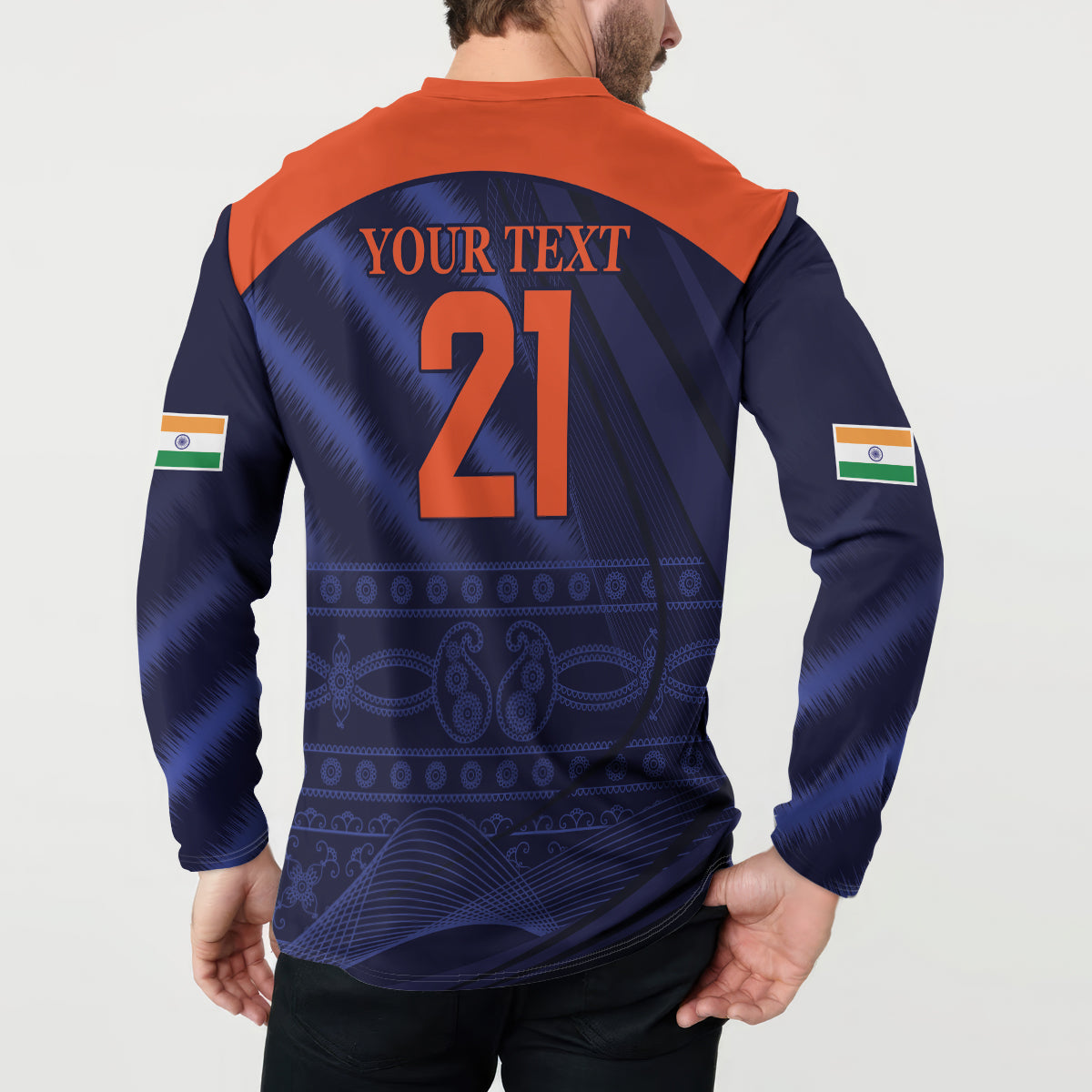 Men's navy back button sweatshirt with orange yoke, "YOUR TEXT" and 21 print