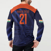 Men's navy back button sweatshirt with orange yoke, "YOUR TEXT" and 21 print
