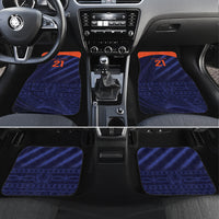 Blue car floor mats with orange border and '21' graphic for front seats
