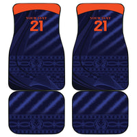 Set of blue car floor mats with orange trim and '21' graphic, 4-piece view