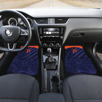 Blue car floor mats with orange border and '21' graphic for front cabin
