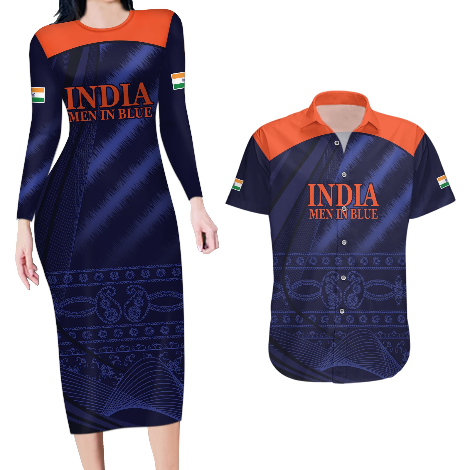 India Cricket World Cup 2024 Couples Matching Long Sleeve Bodycon Dress and Hawaiian Shirt Men In Blue Make Champions LT9 - Wonder Print Shop