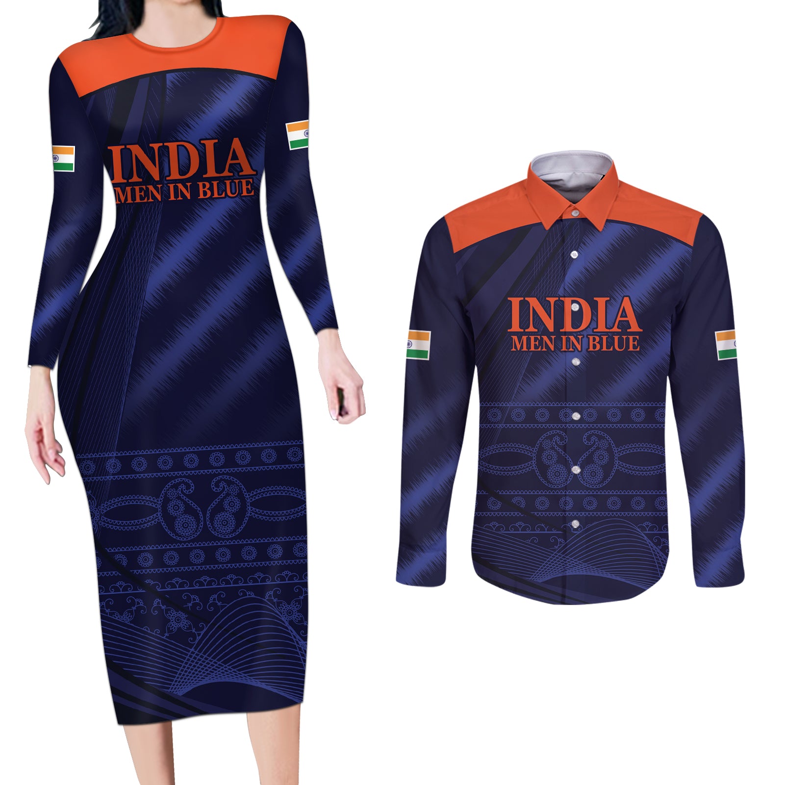 India Cricket World Cup 2024 Couples Matching Long Sleeve Bodycon Dress and Long Sleeve Button Shirt Men In Blue Make Champions LT9 - Wonder Print Shop