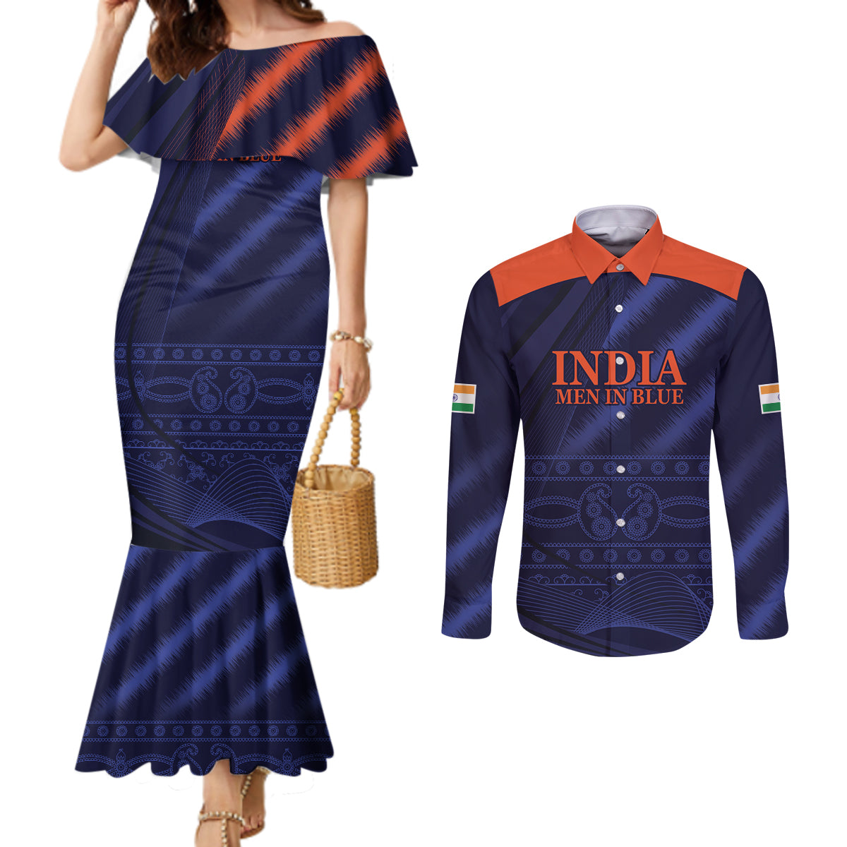 India Cricket World Cup 2024 Couples Matching Mermaid Dress and Long Sleeve Button Shirt Men In Blue Make Champions