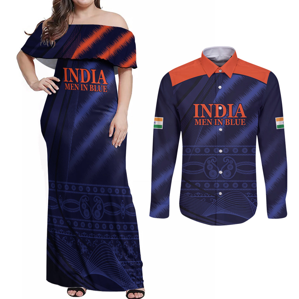 India Cricket World Cup 2024 Couples Matching Off Shoulder Maxi Dress and Long Sleeve Button Shirt Men In Blue Make Champions LT9 - Wonder Print Shop