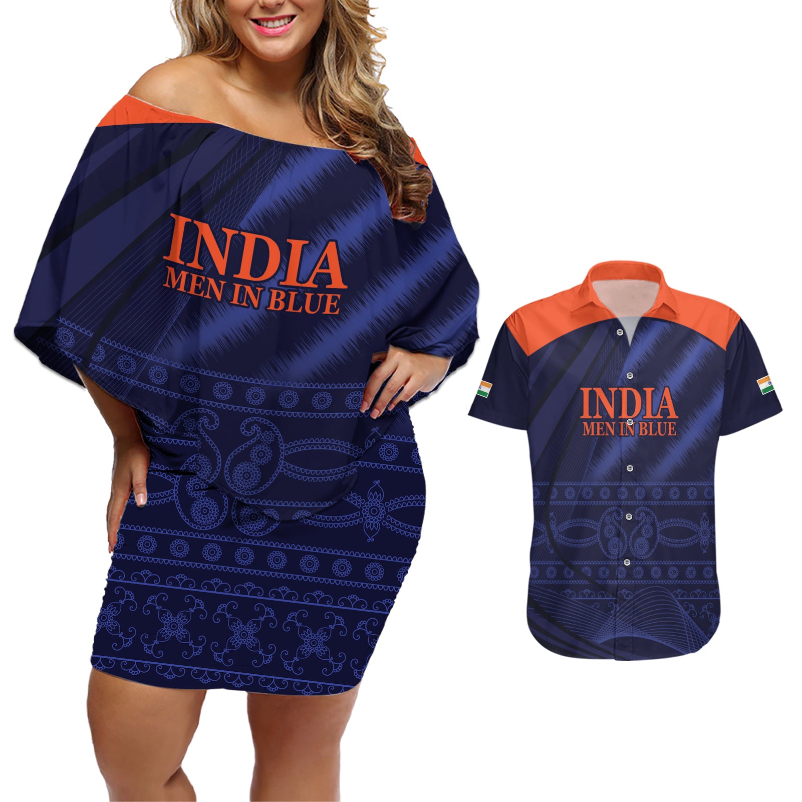 India Cricket World Cup 2024 Couples Matching Off Shoulder Short Dress and Hawaiian Shirt Men In Blue Make Champions LT9 - Wonder Print Shop