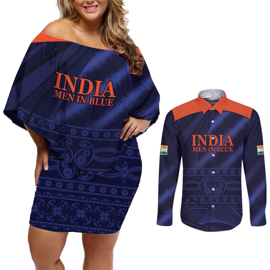 India Cricket World Cup 2024 Couples Matching Off Shoulder Short Dress and Long Sleeve Button Shirt Men In Blue Make Champions LT9 - Wonder Print Shop