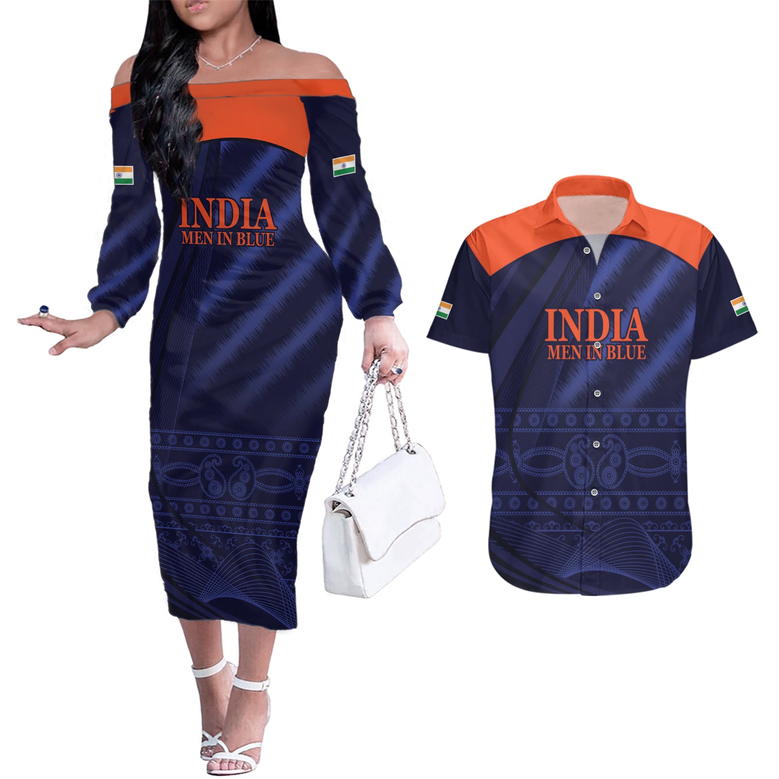 India Cricket World Cup 2024 Couples Matching Off The Shoulder Long Sleeve Dress and Hawaiian Shirt Men In Blue Make Champions LT9 - Wonder Print Shop