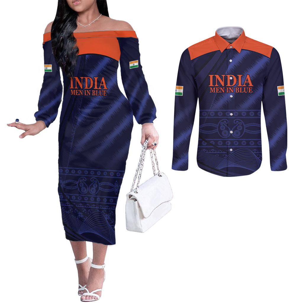 India Cricket World Cup 2024 Couples Matching Off The Shoulder Long Sleeve Dress and Long Sleeve Button Shirt Men In Blue Make Champions