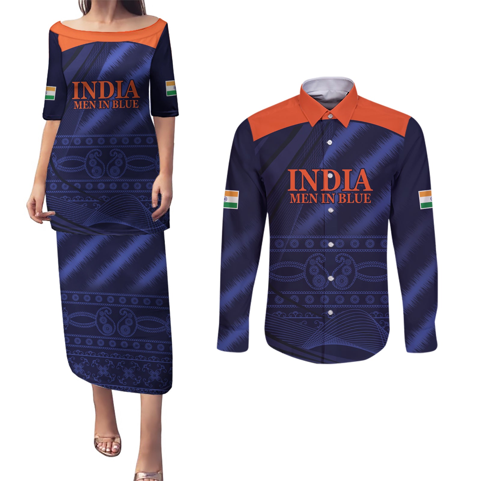 India Cricket World Cup 2024 Couples Matching Puletasi and Long Sleeve Button Shirt Men In Blue Make Champions LT9 - Wonder Print Shop