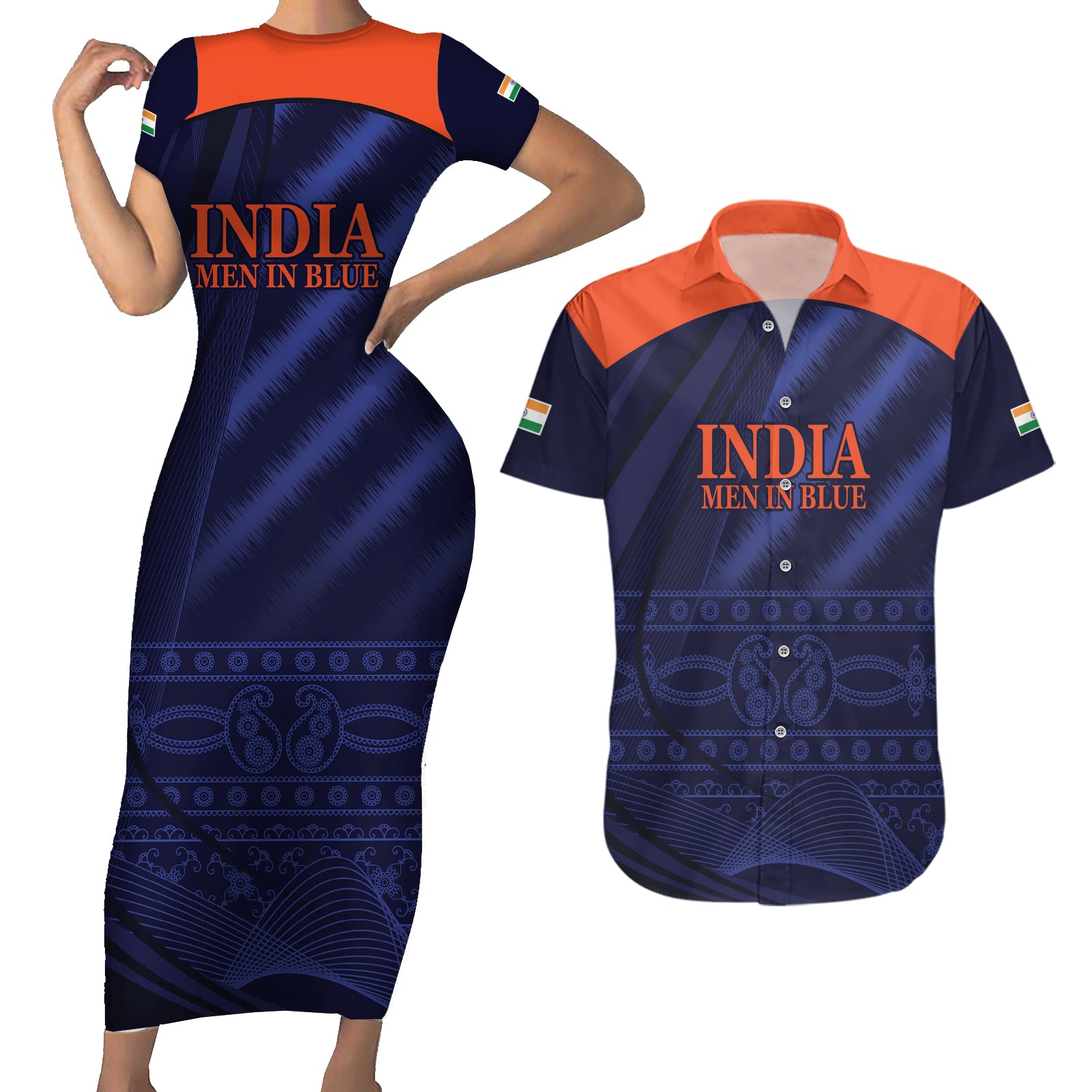 India Cricket World Cup 2024 Couples Matching Short Sleeve Bodycon Dress and Hawaiian Shirt Men In Blue Make Champions LT9 - Wonder Print Shop