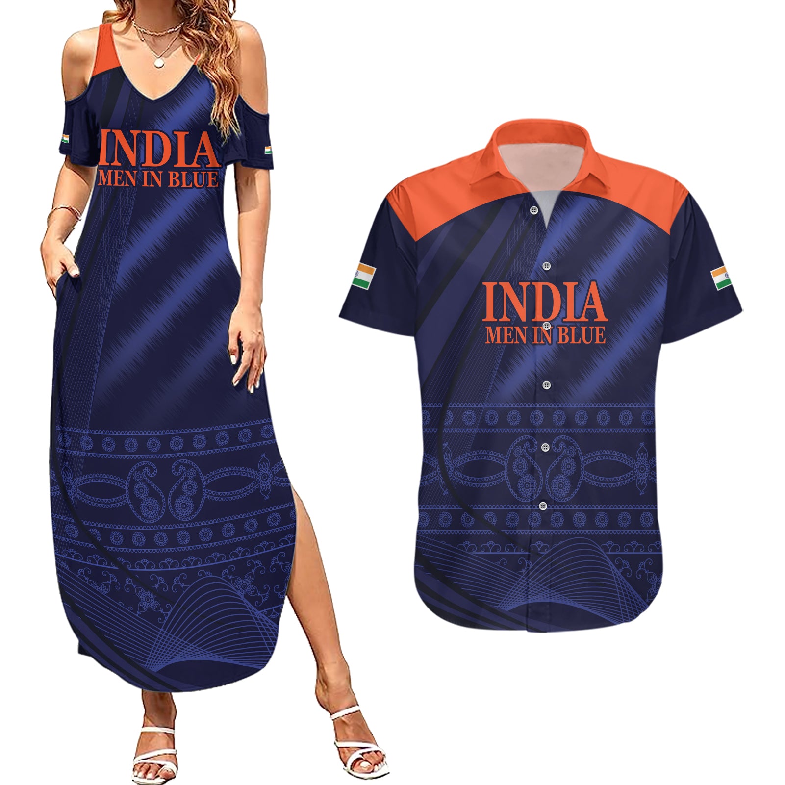 India Cricket World Cup 2024 Couples Matching Summer Maxi Dress and Hawaiian Shirt Men In Blue Make Champions LT9 - Wonder Print Shop