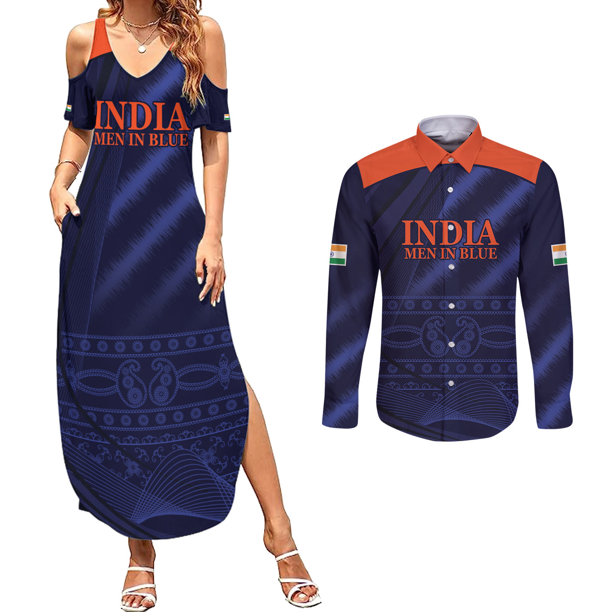 India Cricket World Cup 2024 Couples Matching Summer Maxi Dress and Long Sleeve Button Shirt Men In Blue Make Champions LT9 - Wonder Print Shop