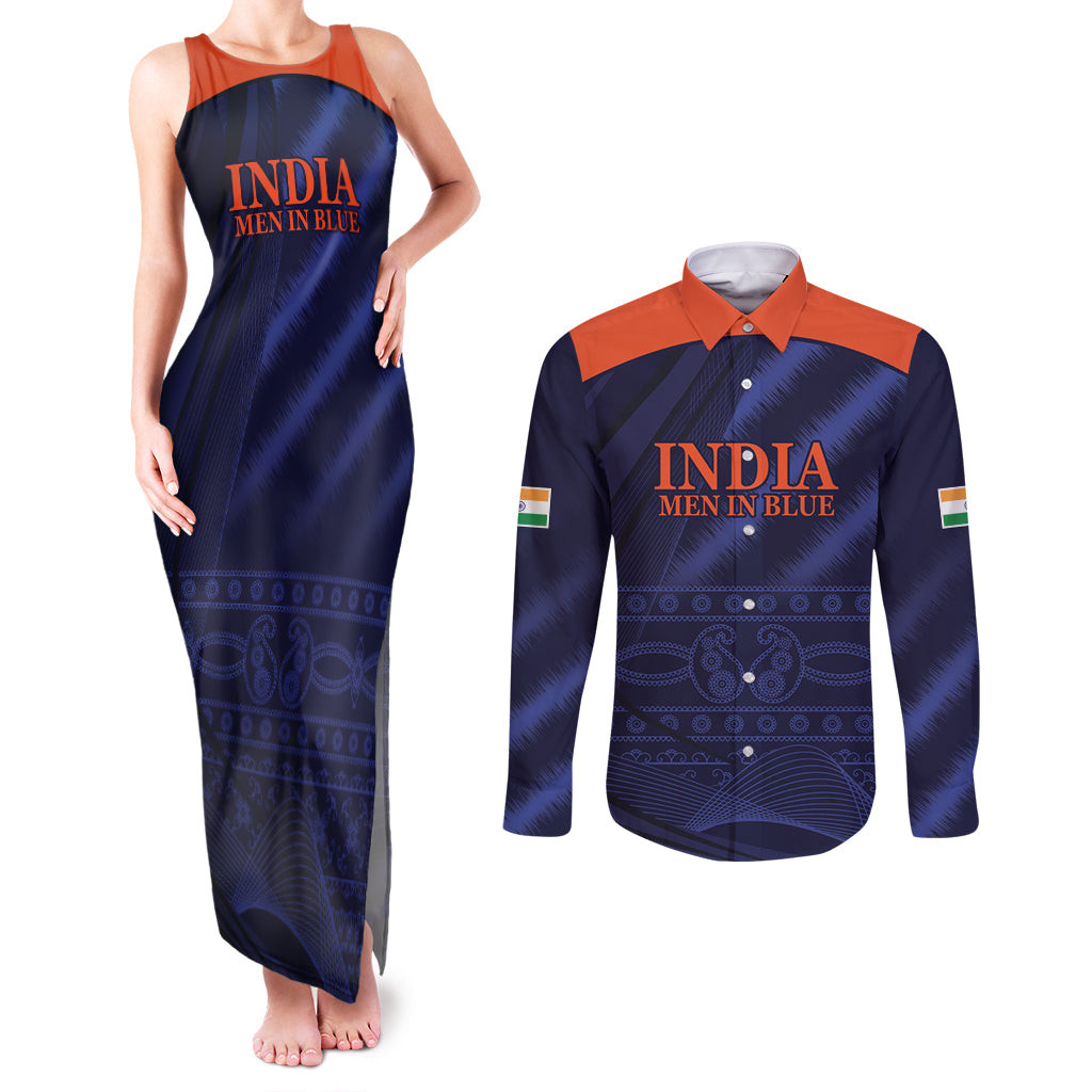 India Cricket World Cup 2024 Couples Matching Tank Maxi Dress and Long Sleeve Button Shirt Men In Blue Make Champions LT9 - Wonder Print Shop