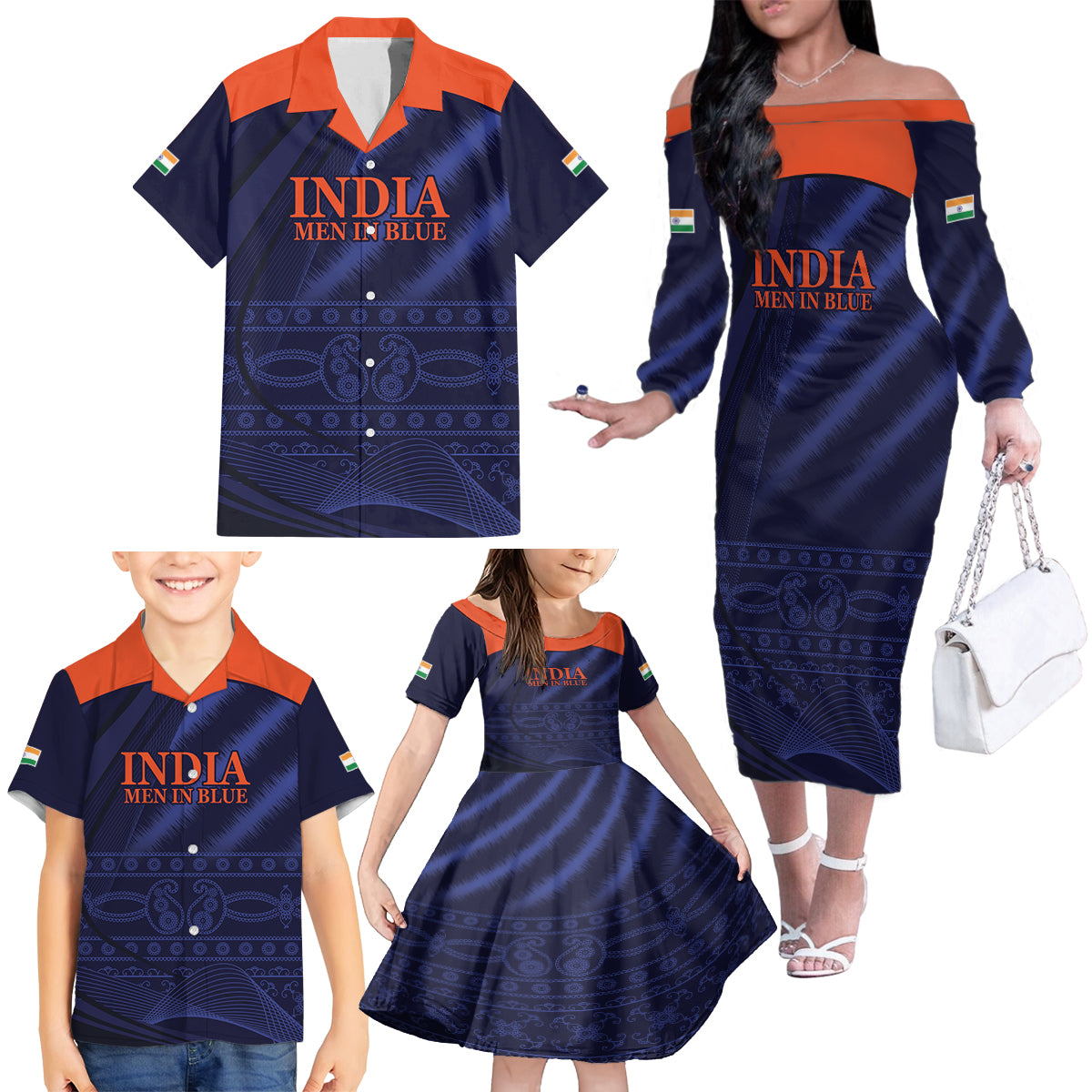 India Cricket World Cup 2024 Family Matching Off The Shoulder Long Sleeve Dress and Hawaiian Shirt Men In Blue Make Champions - Wonder Print Shop