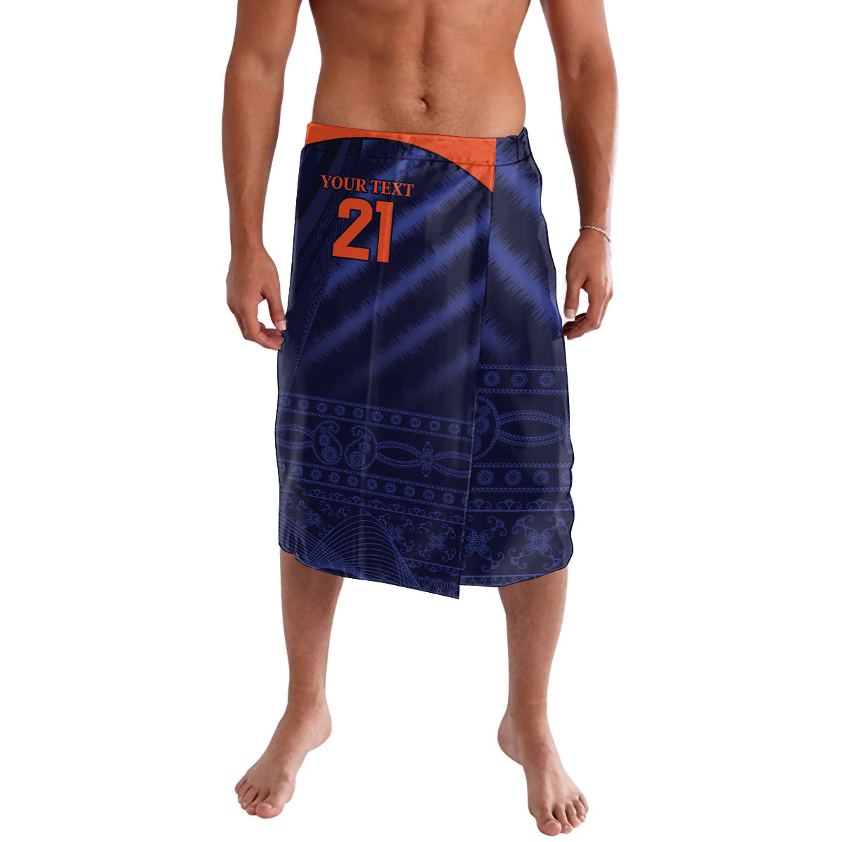 Men's blue patterned lavalava with orange waistband, number 21 graphic front