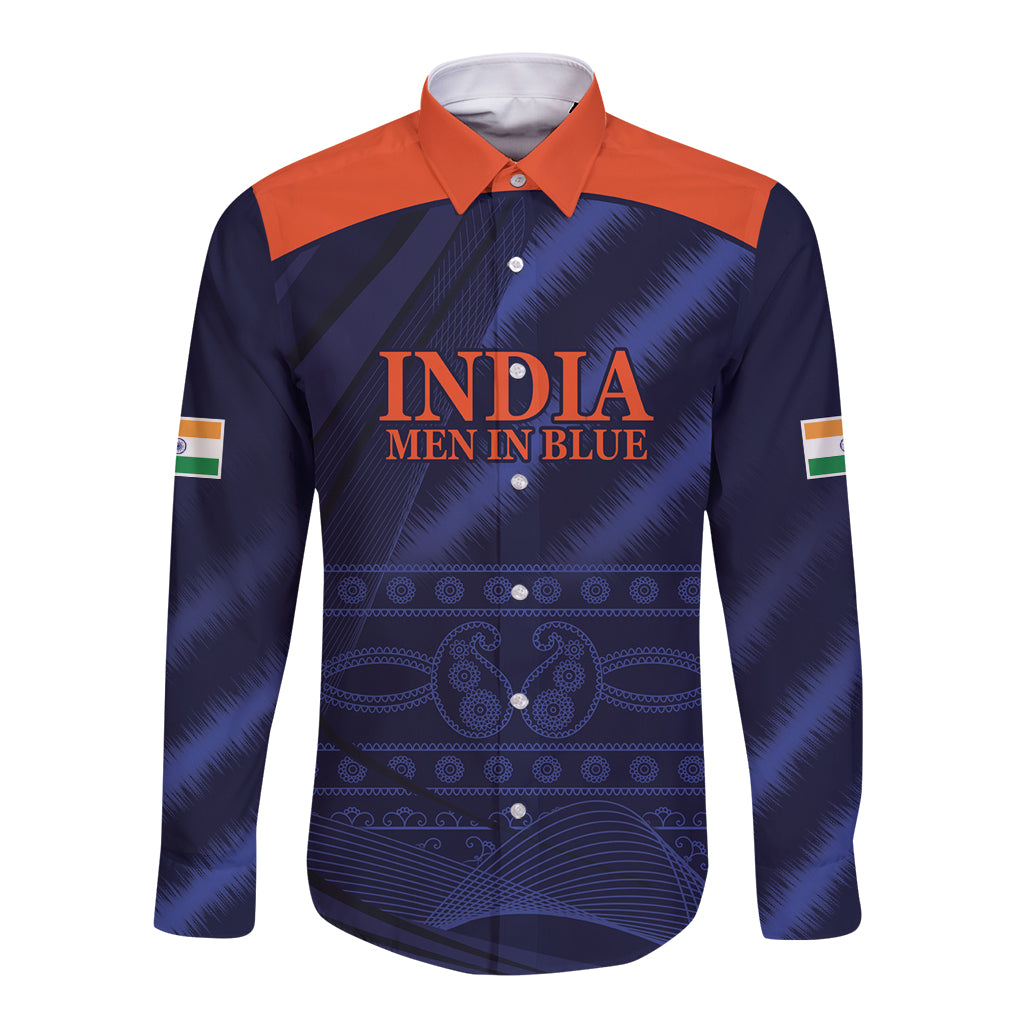 Men's long-sleeve button shirt, navy with orange shoulders and India front graphic