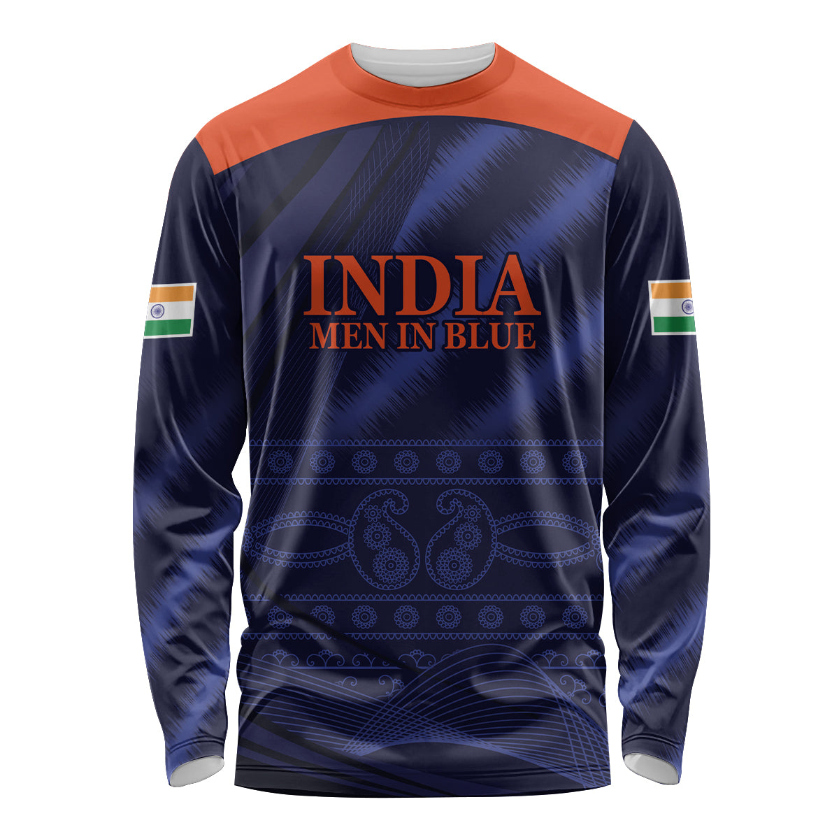 Men's long sleeve cricket shirt, dark blue with orange yoke and India graphic on front