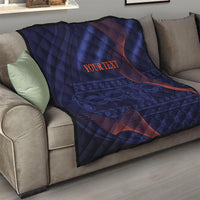 Blue quilt blanket with red wave pattern and “YOUR TEXT” text on the top