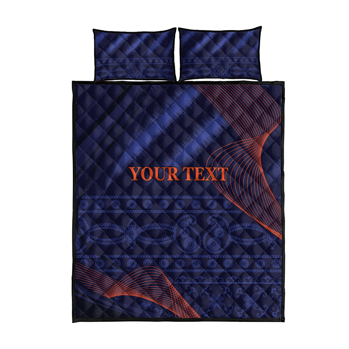Blue quilt bed set with two pillowcases, orange 'Your Text' and red wave accents