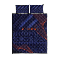 Blue quilt bed set with two pillowcases, orange 'Your Text' and red wave accents