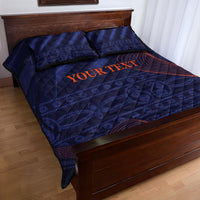 Blue quilt bed set on wooden bed frame, orange 'Your Text' and red curved grid lines
