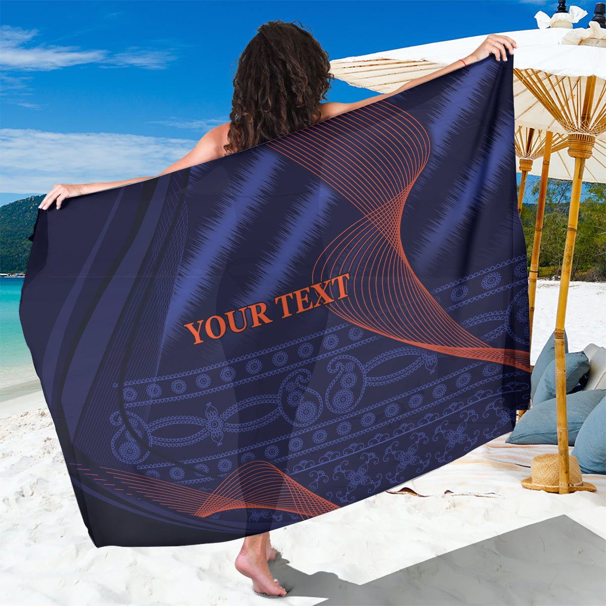 Navy blue sarong with red wave pattern, shown spread wide