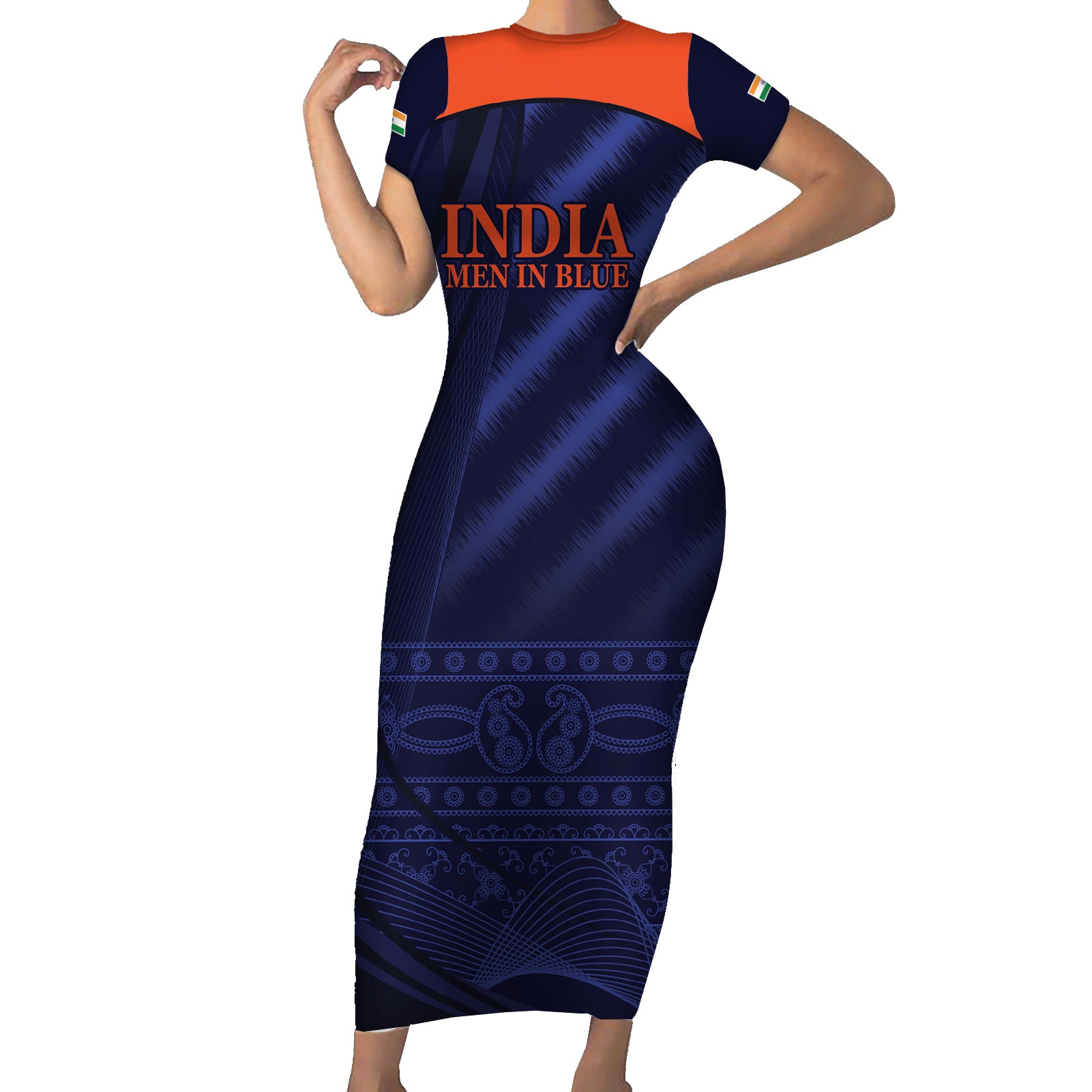 India Cricket World Cup 2024 Short Sleeve Bodycon Dress Men In Blue Make Champions