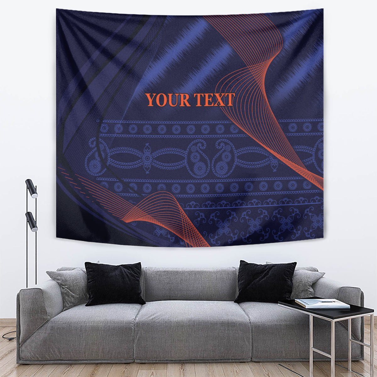 Blue abstract patterned tapestry wall hanging with orange centered "YOUR TEXT"