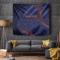 Blue abstract patterned tapestry wall hanging with orange "YOUR TEXT" and swirls