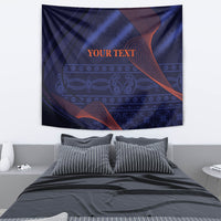Blue abstract tapestry wall hanging with orange "YOUR TEXT" and curved stripe lines