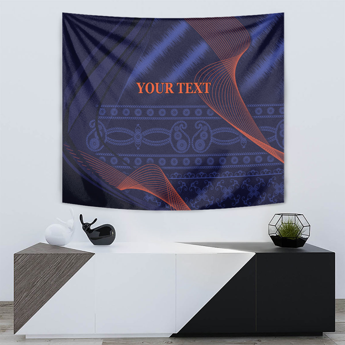 Rectangular blue abstract tapestry wall hanging with red-orange "YOUR TEXT"