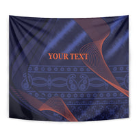 Blue and red abstract tapestry wall hanging with orange "YOUR TEXT" text