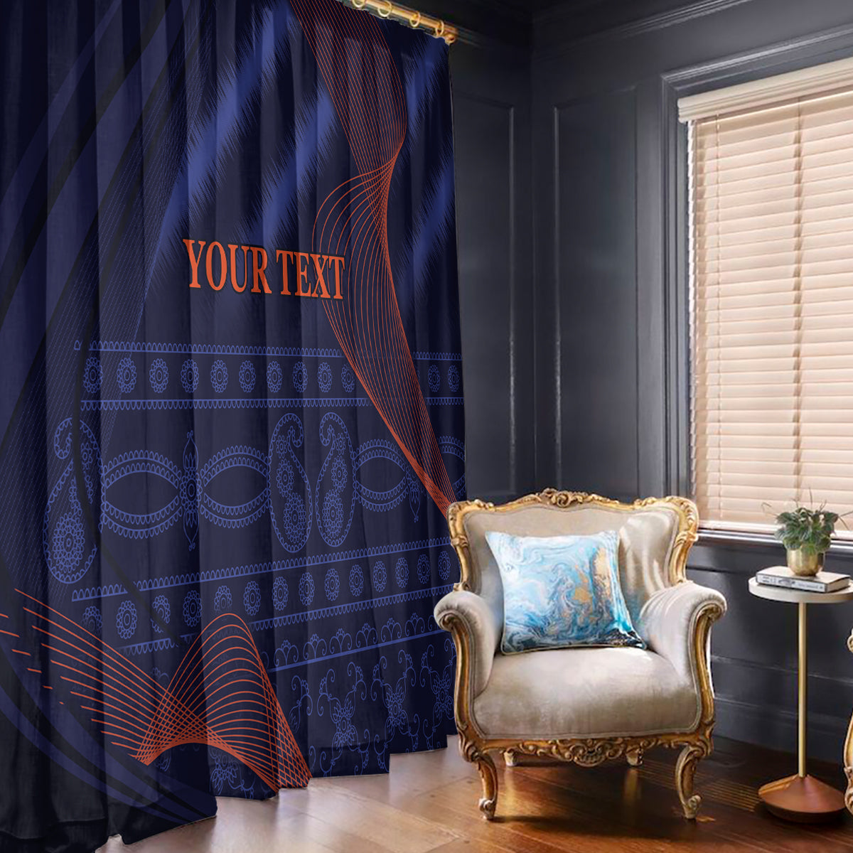 Blue window curtain with red swirl motif and ornate blue geometric stripe