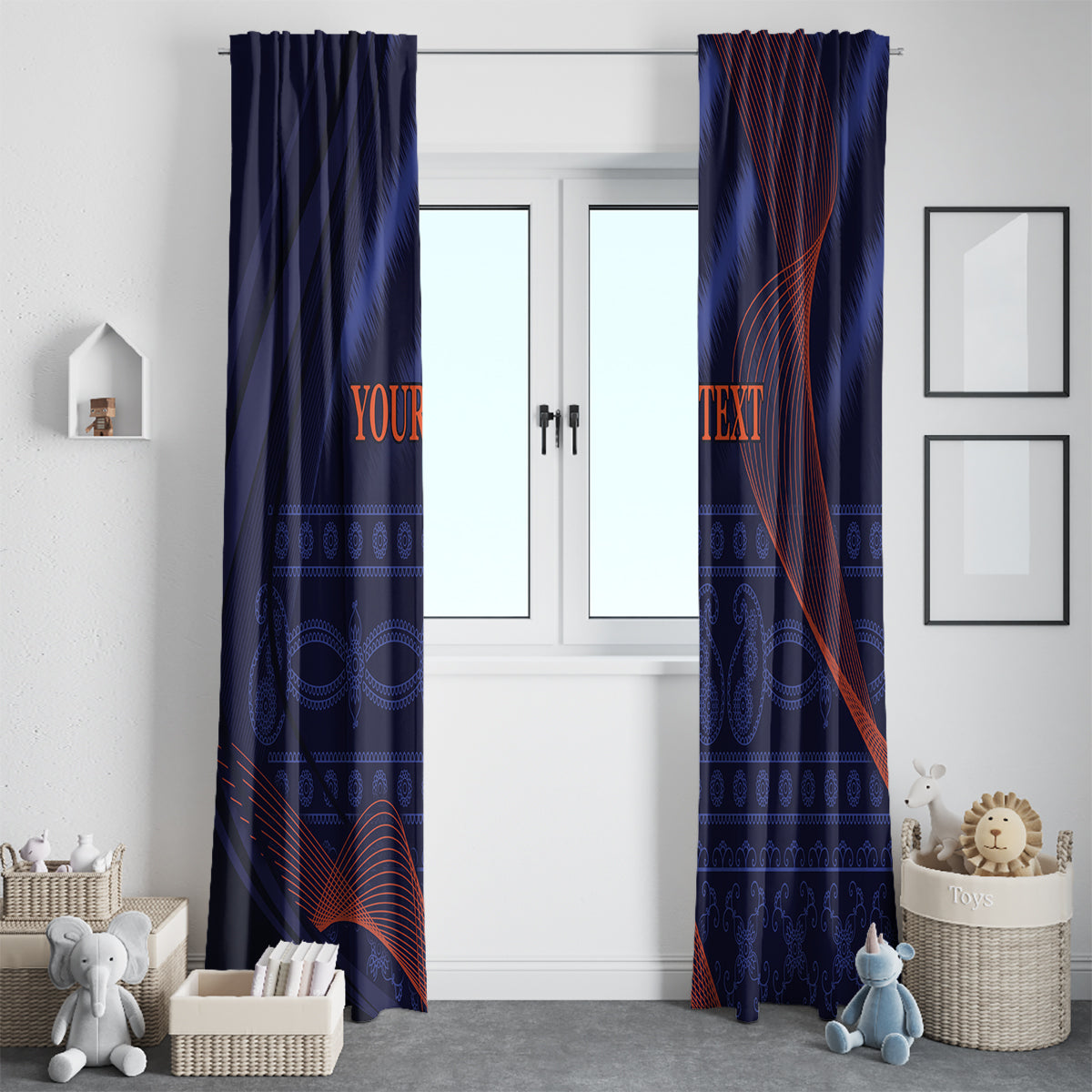 Blue window curtains with red swirl design, pleated top hanging at a door