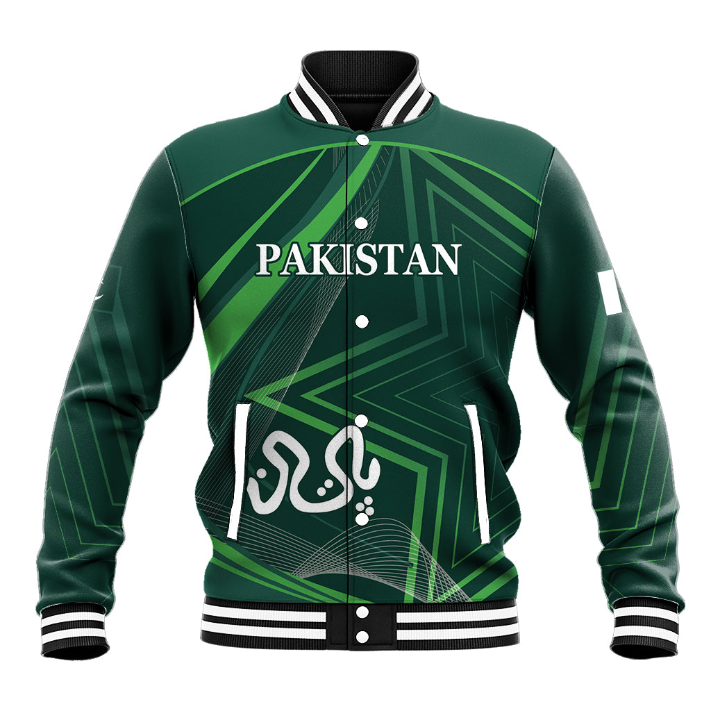 Unisex green varsity baseball jacket with Pakistan text and geometric graphic, front zip