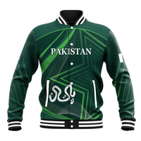 Unisex green varsity baseball jacket with Pakistan text and geometric graphic, front zip