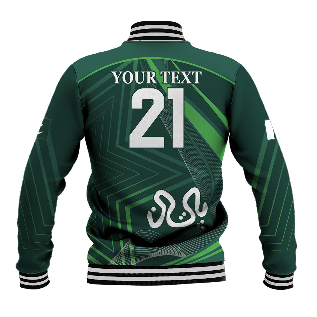 Unisex green baseball jacket back with number 21, YOUR TEXT, and patterned graphics
