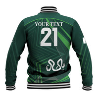 Unisex green baseball jacket back with number 21, YOUR TEXT, and patterned graphics
