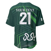 Green baseball jersey back with large 21, YOUR TEXT header, and geometric panel design