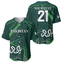 Green cricket baseball jersey pair: front shows PAKISTAN, back shows 21 with geometric graphics