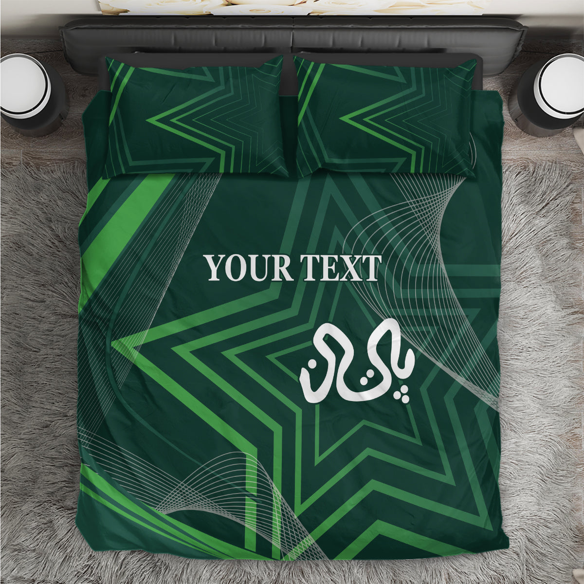 Green geometric bedding set: duvet and two pillowcases with star motif