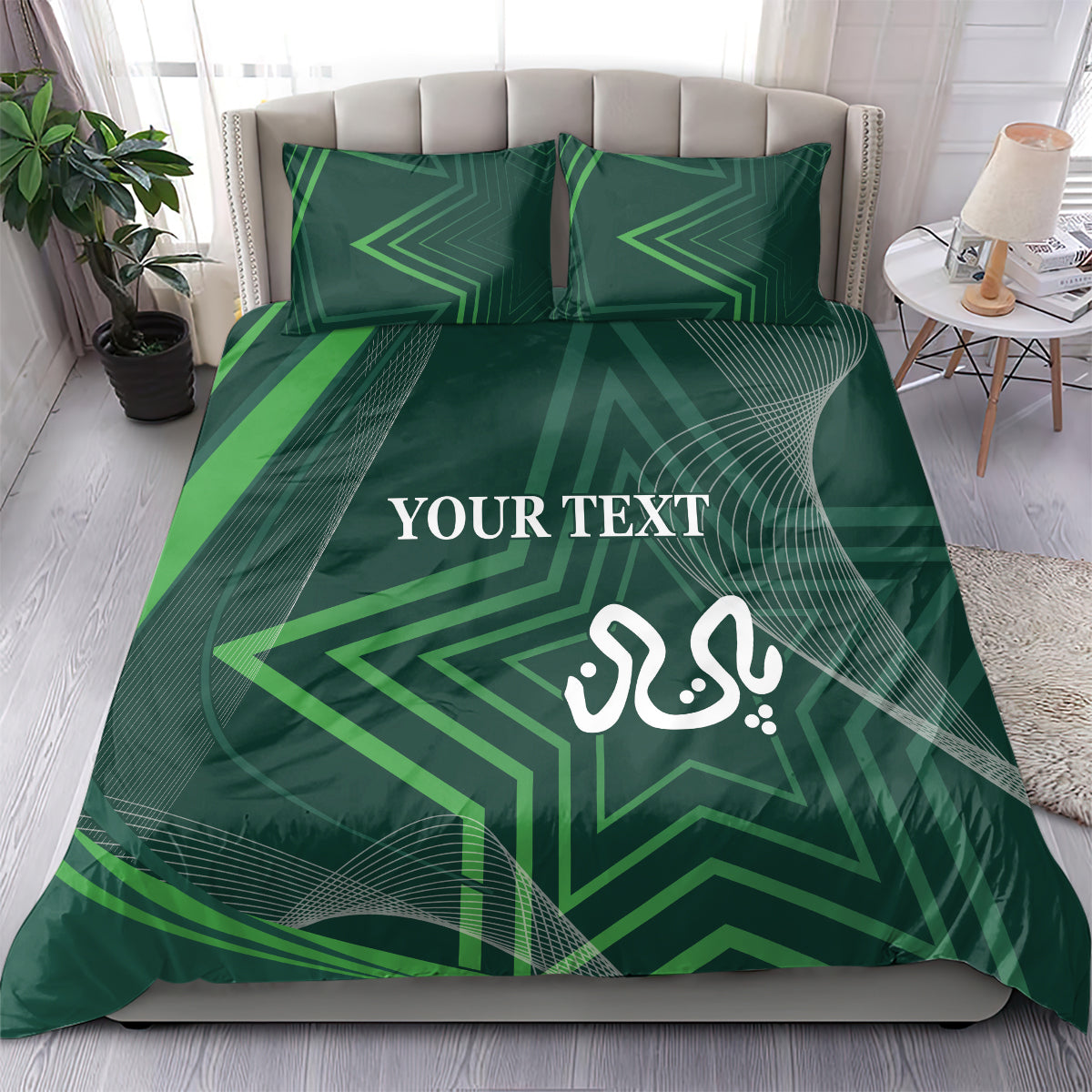 Green bedding set on tufted bed: duvet and two pillowcases with star motif
