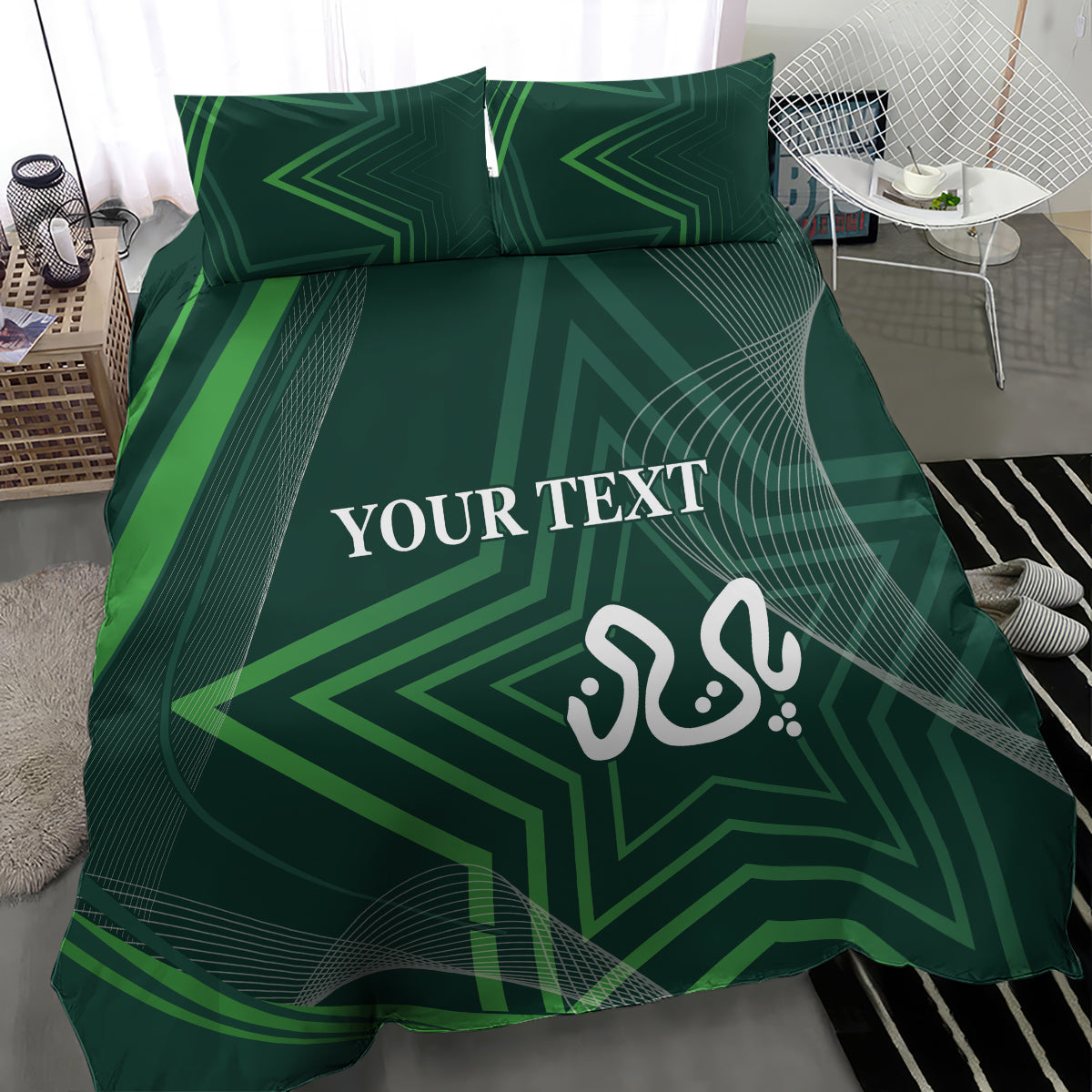 Green bedding set with duvet and two pillowcases, star design and "YOUR TEXT"