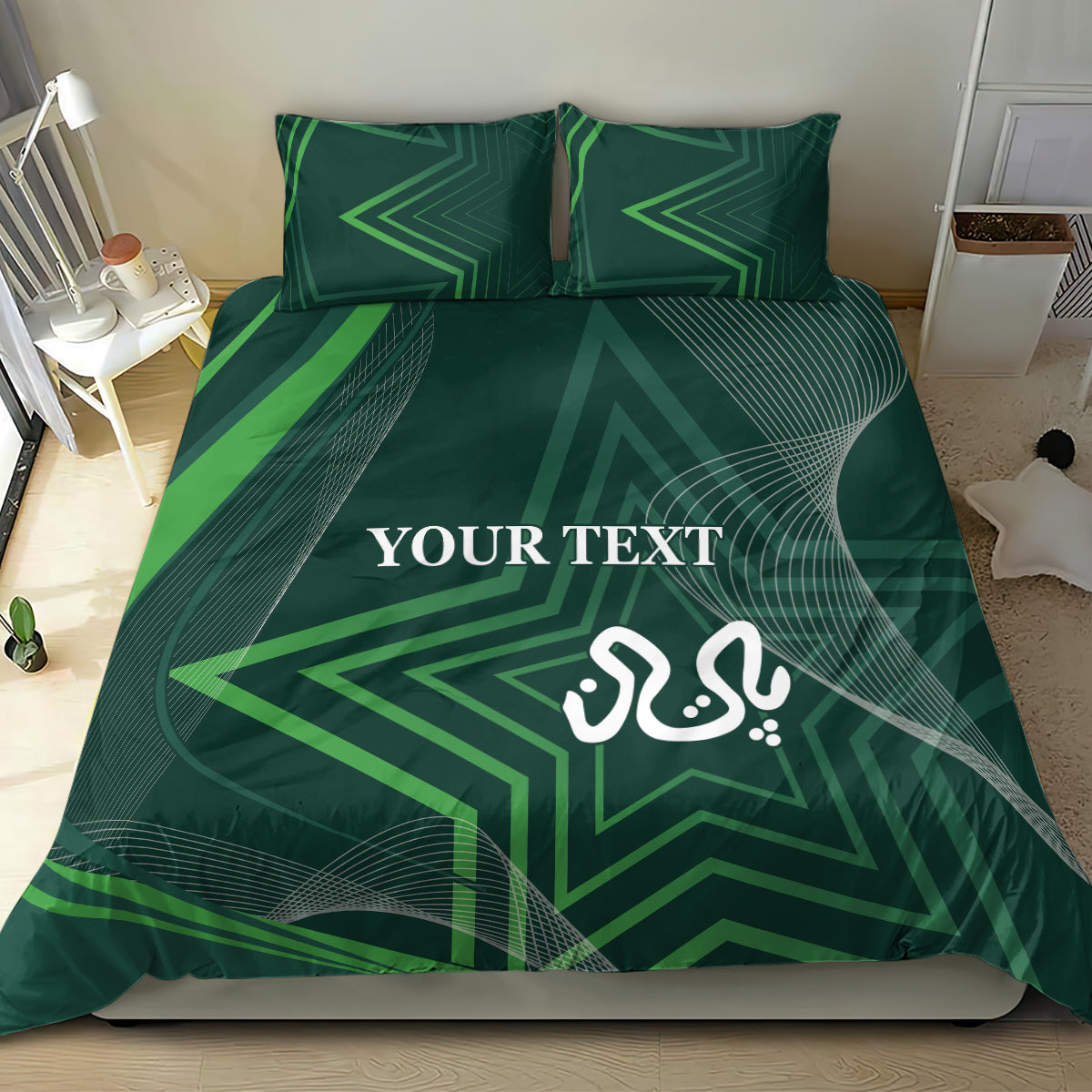 Green geometric bedding set on bed: duvet and two pillowcases with star print