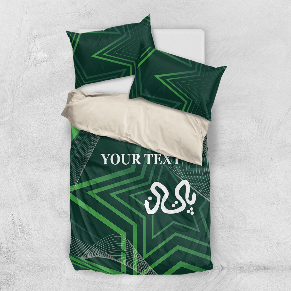 Green bedding set top view: duvet and two pillowcases with geometric star print